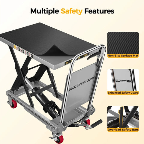 Hydraulic Lift Table Cart 500 Lb 28.5 Inch Lift Foldable Handle Safety Guard, features non-slip mat and safety bars