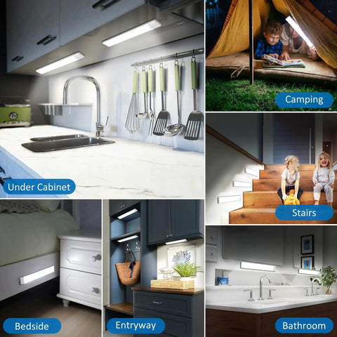 Collage of Under Cabinet Motion Sensor Lights 3 Pack Magnetic Rechargeable Bar Wireless Stick On Night Light used in various settings