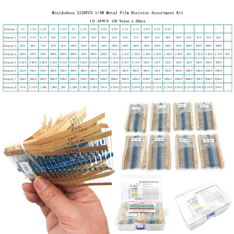 Front view of Minidodoca 3120-piece metal film resistor kit, 156 values, with labeled sleeves and storage cases