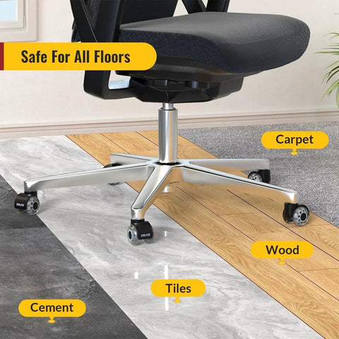 Office Chair Wheels Grey Dual Rubber 2 Inch Replacement Casters With 360 Degree Swivel Quiet Rolling Universal Fit For Hardwood Floors And Carpet Set Of 5 11 By 22 Mm Smooth Glide For Computer And Gaming Chairs installed on office chair on various floor types.