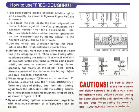 Instructions for using Free-Doughnut tool with diagrams showing blade alignment and cutting action for circular holes.