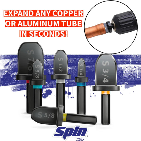 Six Piece Drill Bit Swaging Tool Set For Expanding Copper And Aluminum Tubes Includes One Quarter Inch, Three Eighths Inch, One Half Inch, Five Eighths Inch, Three Quarters Inch, Seven Eighths Inch Bits For HVAC And Plumbing Retrofit Spin S6000 with close-up of use on copper tube