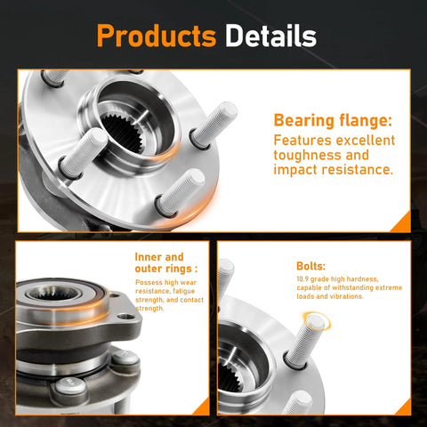 Front Wheel Hub Bearing Assembly 5 Lug With ABS 513413 Two Pack For Subaru Forester 2014 2018 Impreza 2014 2019 Crosstrek 2016 2021 XV Crosstrek 2014 2015 Direct Fit OEM Replacement Drop In Easy Install components showing bearing flange, inner rings, and bolts details.