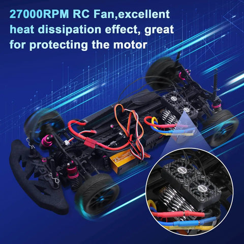 Beefy Twin RC Car Motor Cooling Fans With Metal Cover Heatsink installed on 1/8 scale brushless motor, showing wiring and heatsink.
