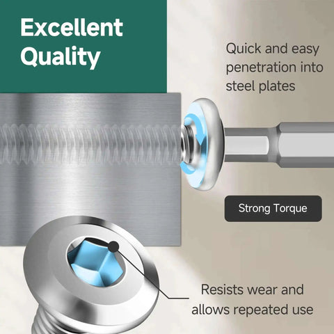 Close-up of 110 Piece Size Ten Stainless Steel Self Tapping Screws Kit with hex socket drive, showing penetration into steel and torque strength.