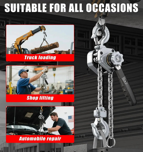 Compact Mini Lever Hoist Three Quarter Ton Capacity 1650 Lbs 10 Ft Lift Aluminum Housing G80 Chain Dual Brake Puller for various jobs