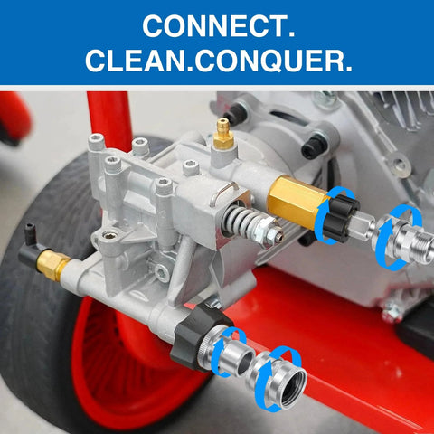 Premium Pressure Washer Quick Connect Kit With M22 Swivel To Three Eighths Inch Quick Connect And Three Quarters Inch Quick Release Adapters shown installed on red machine