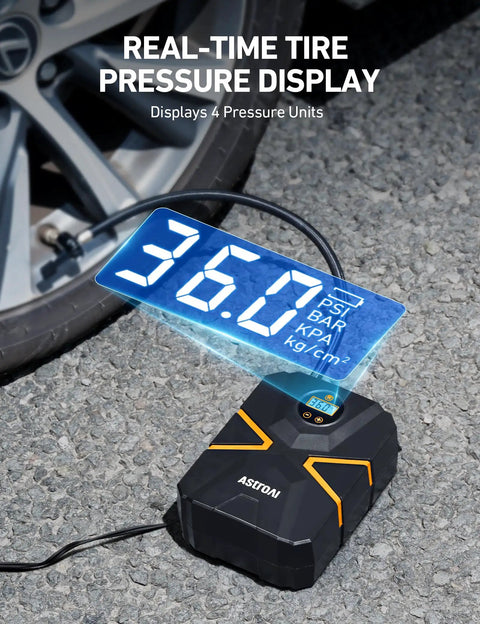 Portable 12V Tire Inflator With Digital Gauge And Auto Shutoff Preset To 150 PSI For Cars Motorcycles Bicycles And Inflatables On The Go Built In Quick Connect Nozzle AstroAI showing digital gauge and tire pressure display.
