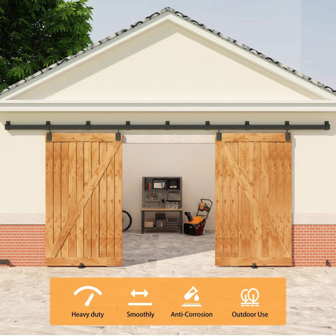 Beefy Heavy Duty 14Ft Exterior Barn Door Hardware Kit For Two Sliding Doors, Wall Mount Track System With Seven Brackets, Supports Up To 450 Lb Doors, Galvanized Steel, Corrosion Resistant, Doors Not Included in use on outdoor shed opening
