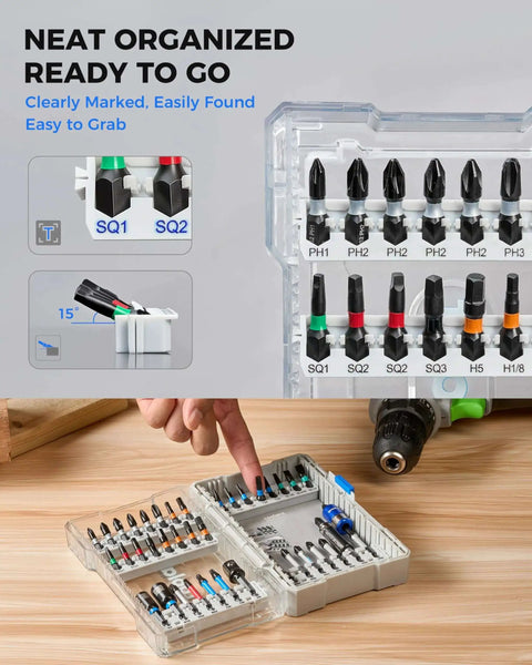 Open Complete 40 Piece Impact Driver Bit Set With S2 Steel Bits For Furniture Assembly And Auto Repair Includes SAE And Metric Hex And Torx Bits Magnetic Tips Color Coded Ring And Heavy Duty Storage Case Toolant showing organized bits
