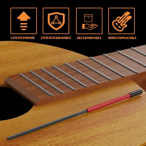 Double Sided Fret End Dressing File For Guitar Fret Ends, Pro Grade Luthier Tool lying on a wooden guitar neck.