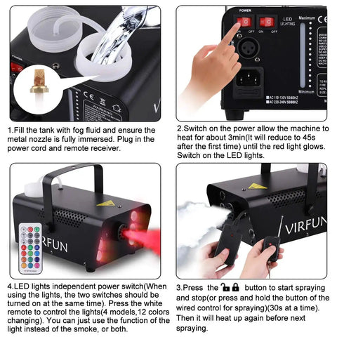 All In One Fog Machine With 6 LED Lights And 12 Color Effects, Wireless And Wired Remote Control, 500ml Tank, usage instructions
