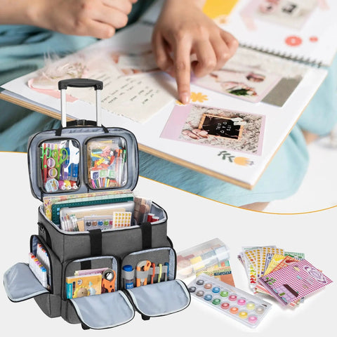Rolling Scrapbook Tote On Wheels With Detachable Trolley And Bottom Wooden Board, spacious storage for albums and crafting supplies, gray.