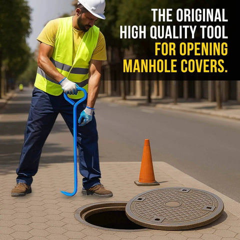 Worker using 36 Inch Manhole Hook Tool Hex Alloy Steel Heat Treated for lifting manhole cover in street.