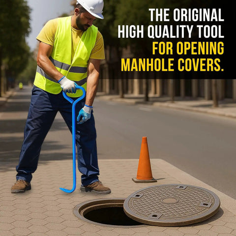 Worker using 30 Inch Manhole Cover Hook Tool With Five Eighths Inch Hex Alloy Steel Hook to lift a manhole cover on street