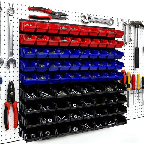 Wall Mounted Garage Storage Bin Kit 94 Piece Organization System With 32 Large Black Bins 30 Small Blue Bins 20 Small Red Bins