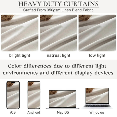 Comparison of heavy duty linen blend fabric under bright, natural, and low light conditions for Total Blackout Curtains 96 Inches Long For Bedroom And Living Room Two Panel Set, Heavy Thermal Rustic Beige Linen Burlap Look, Cozy Up Your Space With 50Wx96L Fit For 8 Foot Tall Windows, Track System Window Treatments For Modern Farmhouse Style.