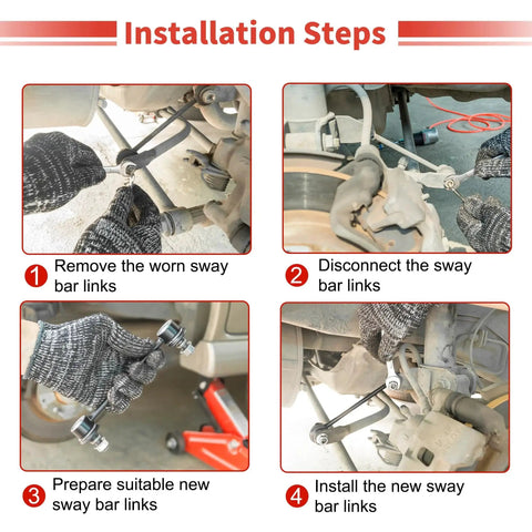 Two front sway bar links for Toyota Tacoma, four-step installation guide showing removal, disconnection, and reinstallation.