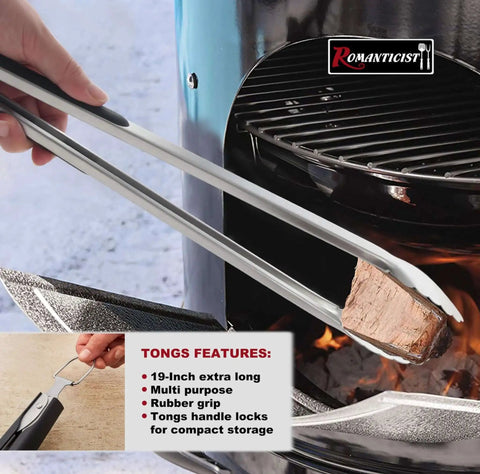 Elite 4Pc Heavy Duty Grill Tools Set For Top Chefs ROMANTICIST Tongs holding meat near outdoor barbecue.