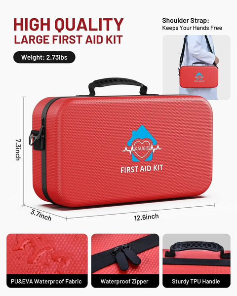 Red 500 Piece First Aid Kit for Home, Car, Travel, Camping and Office with waterproof fabric and zippers, labeled compartments visible