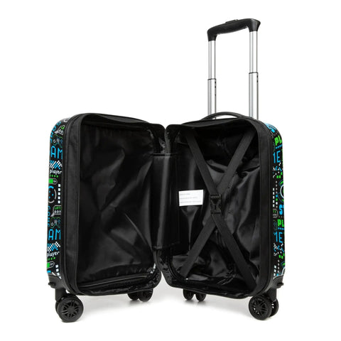Open view of Kids 3 Piece Luggage Set 16 Inch Hardside Suitcase With Spinner Wheels, showing interior compartments.