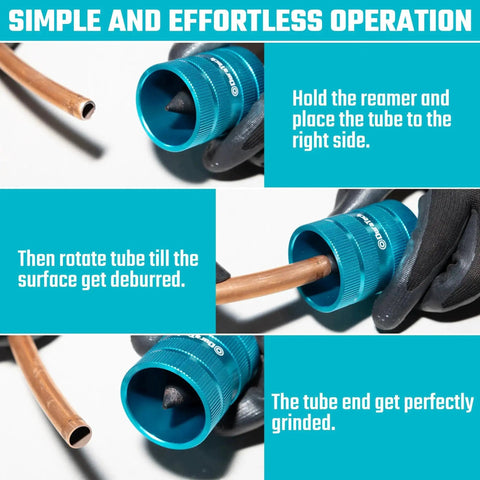 Versatile Tubing And Pipe Reamer For Quick Deburring From 0.25 Inch To 1.25 Inch OD Heavy Duty Aluminum Body shown deburring copper tube