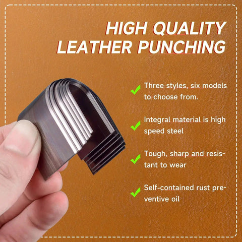 Hand holding leather punch set on brown background with text on high-quality features. 27 Piece Leather Punch Kit With 9 Round Punches And 18 Specialty Punches For Leatherworking Includes EVA Case And Rubber Mat For Belts Straps And Bags Pro Grade Do It Yourself Friendly Belt End Punch Set.