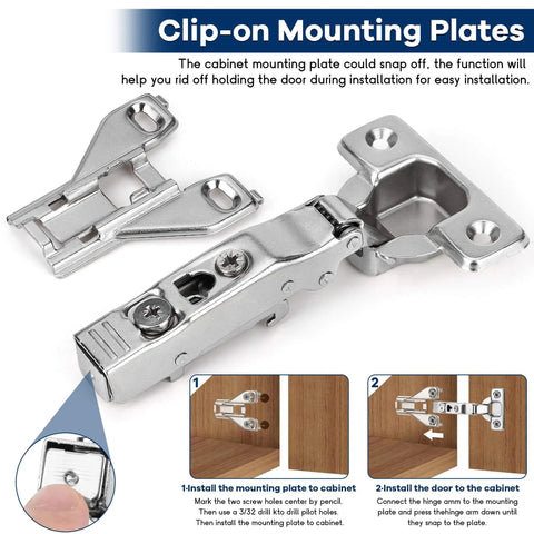 10 Pack Half Inch Overlay Face Frame Soft Close Hidden Cabinet Hinges 105 Degree 3D Adjustable Clip On Plate Concealed Kitchen Cupboard Door Hinges With Screws By ROTESONNE, shown with detailed clip-on plate installation instructions.