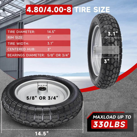 Solid Tire And Wheel Kit For Wheelbarrows And Garden Carts With 14.5 Diameter Flat Free Tire, 4.80 4.00 8 Size, side view with dimensions.