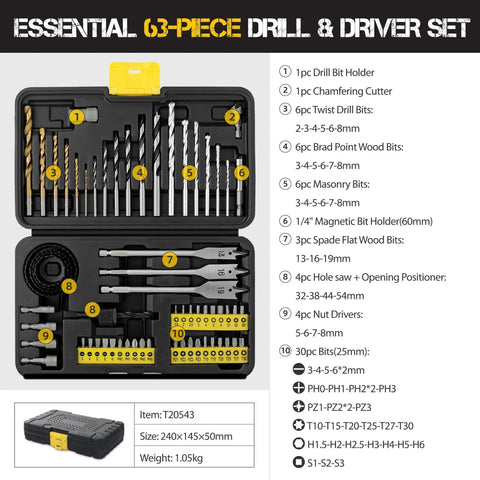 63 Piece Drill Bit And Screwdriver Bit Set For Wood Metal Brick And Concrete With HSS Metal Masonry Brad Point Bits And Hole Saws