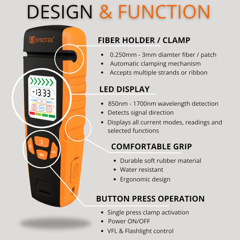 Optical fiber identifier handheld tester in orange and black with LED display and control buttons