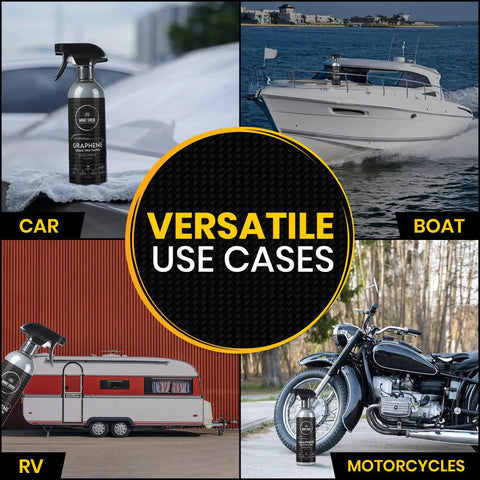 Long Lasting Graphene Ceramic Spray Coating For Cars, Motorcycles, Boats And More, 16oz bottle shown in multiple applications.