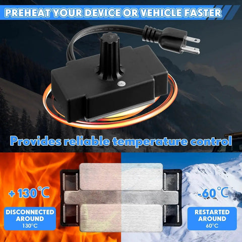 Portable Magnetic Engine Block Heater 120V 200W for small engines with visible plug and thermostat, showing temperature range.