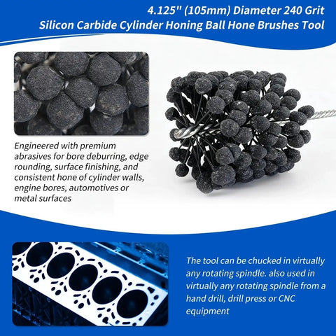 Cylinder Honing Ball Brush 4.125 Inch Diameter 240 Grit Silicon Carbide for deburring and finishing engine cylinders.