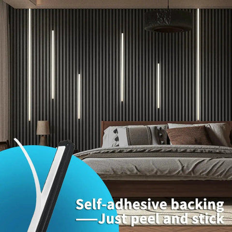 6 Piece Self Adhesive LED Recessed Lighting Kit With Smart Switch 3000K installed on wood slat wall panels behind a bed