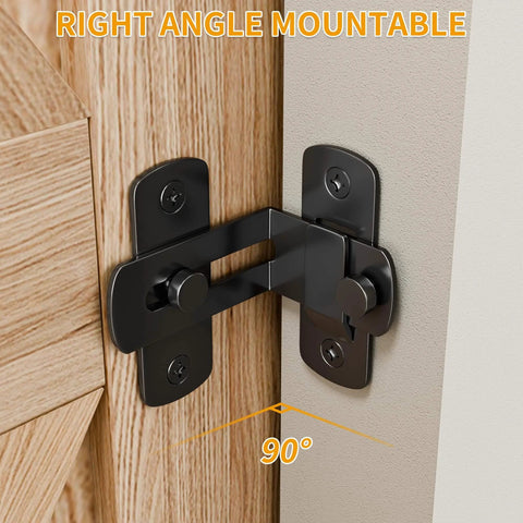 2 Pack 90 Degree Flip Barn Door Lock Set For Privacy And Real Deal Security installed on wooden door, black metal latch