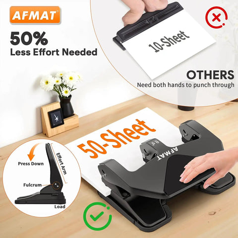 Heavy Duty Three Hole Punch 50 Sheet Capacity With 50 Percent Less Effort Labor Saving Lever, showing ease of use and punch strength.