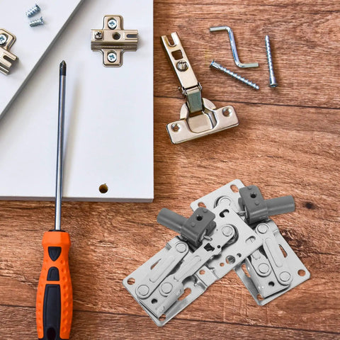 Two Pack 45 Degree Downward Pivot Soft Close Cabinet Hinges With Damper for furniture, shown with installation tools on wood surface.