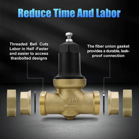 Brass 1-1/4 in pressure reducing valve with double NPT ends, black adjustment cap, side fittings for drinking water piping