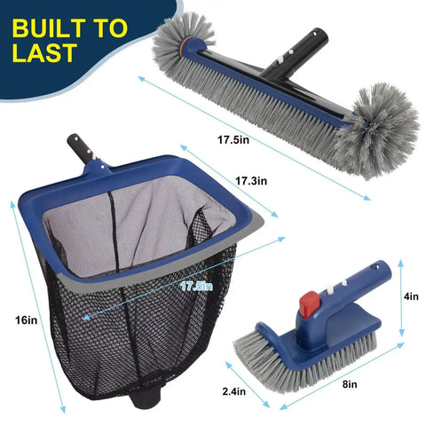 Diagram of All In One Pool Cleaning Kit with rubber edge skimmer net, 17.5 inch brush head, rotating scrub brush for inground and above ground pools.