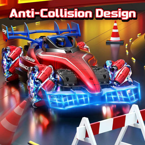 Two Point Four GHz Monster RC Truck With Lights And Music For Off Road Stunts, red design with glowing accents and anti-collision feature.