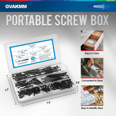 Drywall Screws Assortment Kit With 160 Pieces In Five Sizes Three Inch, Two Inch, One And Three Eighths Inch, One Inch, And Five Eighths Inch Coarse Thread Phillips Bugle Head Sharp Point For Wood And Sheetrock Projects In Durable Clear Plastic Case shown in open box with screws organized in slots
