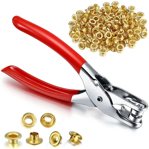 301 Pcs Grommet Eyelet Pliers Tool Kit With 300 Metal Eyelets for leather and fabric repair, red pliers with gold finish eyelets shown.