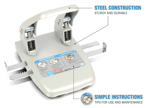 Heavy Duty Office Two Hole Paper Punch, 40 Sheet Capacity, One Quarter Inch Hole Punch, All Steel Hardened Punch Heads, Removable Tray