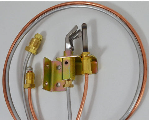 Water heater pilot assembly with copper tubing, brass fittings, and thermocouple