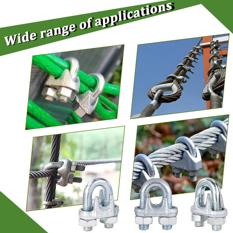 Silver zinc-plated 5/16 in wire rope clamps, U-bolt cable clips shown on steel cables.