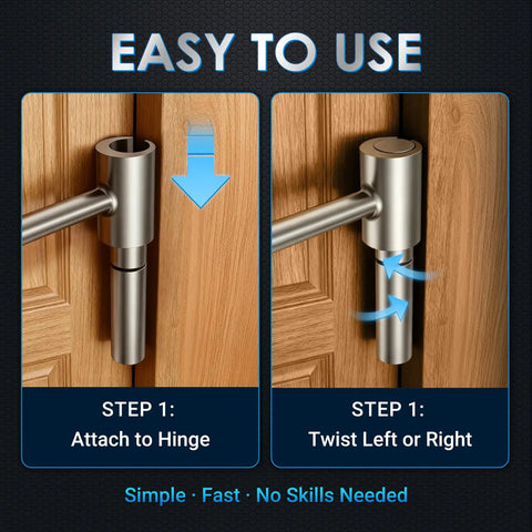 Beefed-Up Heavy Duty Door Hinge Adjustment Tool For Standard Bolts 0.315-0.75in showing step-by-step usage on door hinge