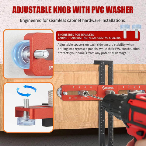 Effortlessly align cabinet hardware with a precision adjustable jig, shown drilling a drawer, featuring red PVC washer spacers.