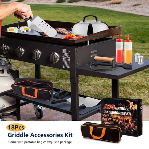 All In One Griddle Accessories Kit For Outdoor BBQ Cooking With Smash Burger Press And Stainless Steel Spatulas For Blackstone Joyfair Flattop Griddle 18 Piece Set With Carrying Bag Basting Cover And More shown in use on a flat-top grill.