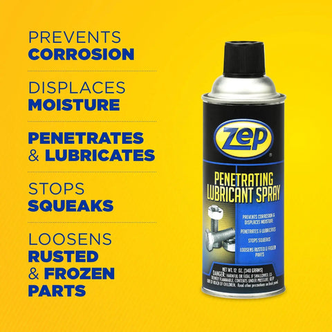 Industrial Strength Penetrating Lubricant Spray For Bolts Screws Nuts And Locks 12 oz can with features on yellow background